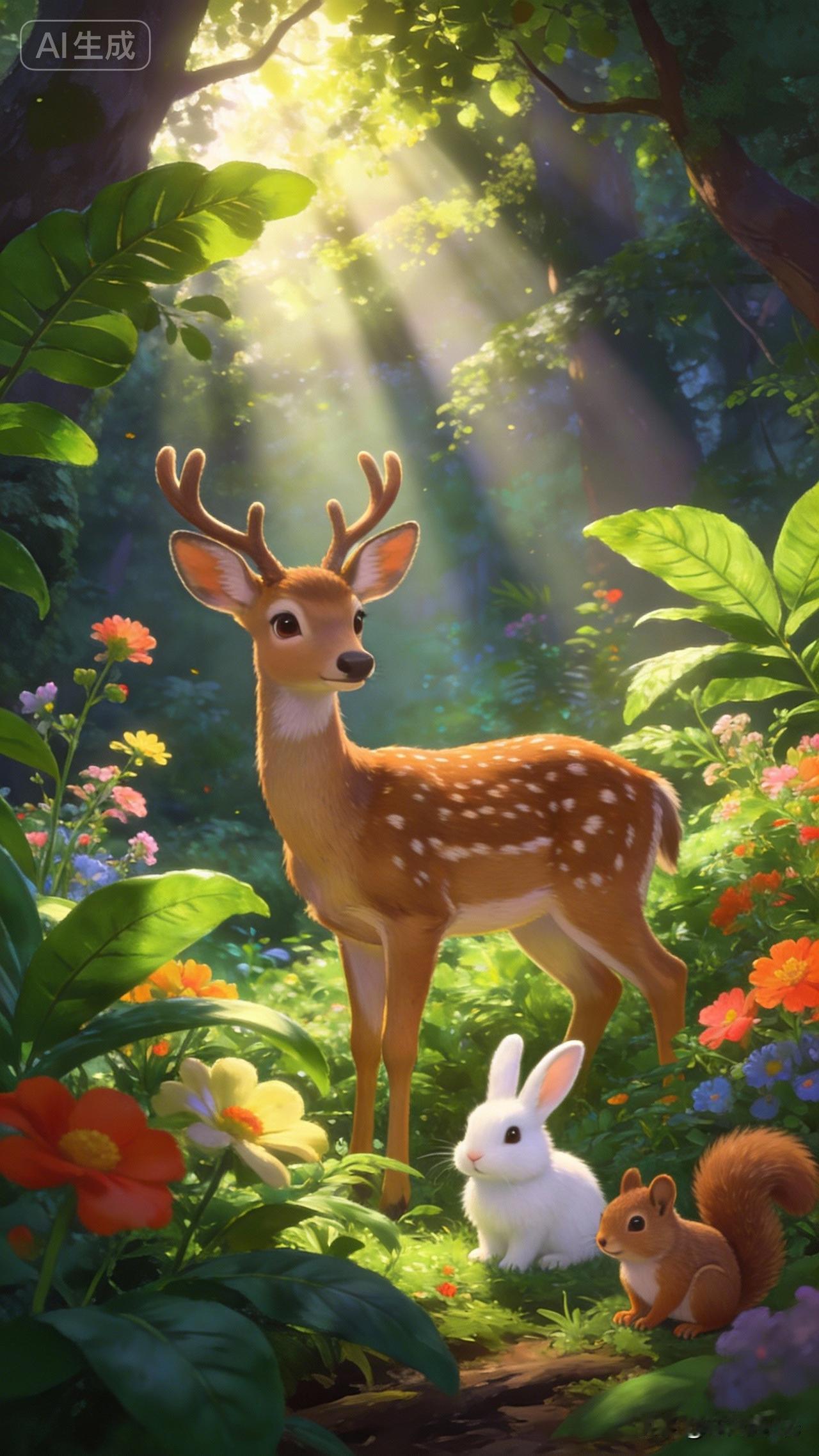 森林中的小精灵们，可爱又温馨！🌳🐝🐰🐿️