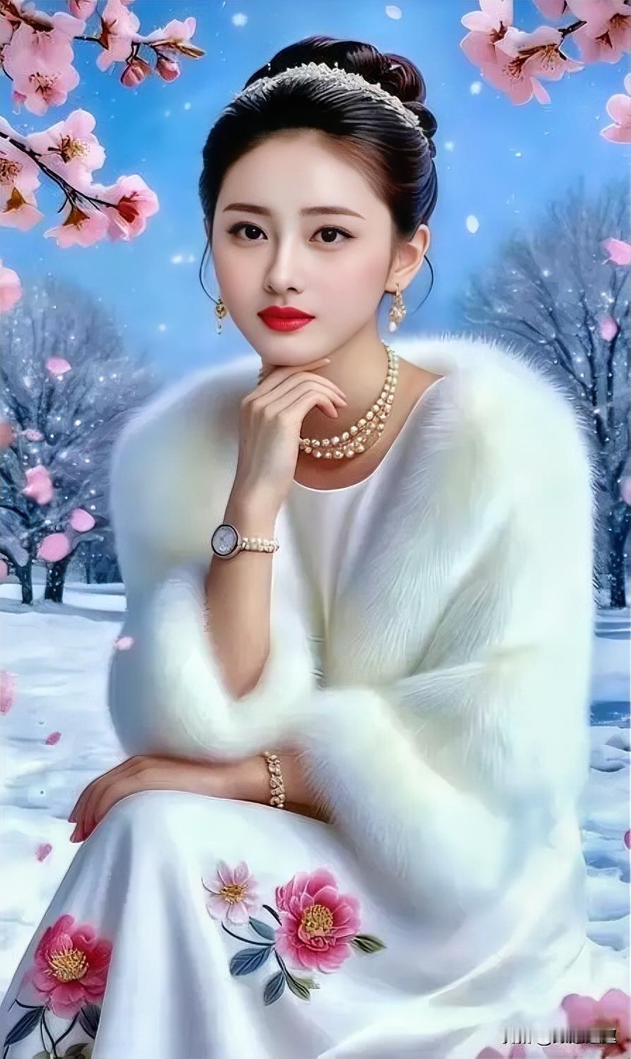 冬日仙境中的优雅美人，粉樱飘落，宛如童话女孩子怎么穿搭既时尚又好看?