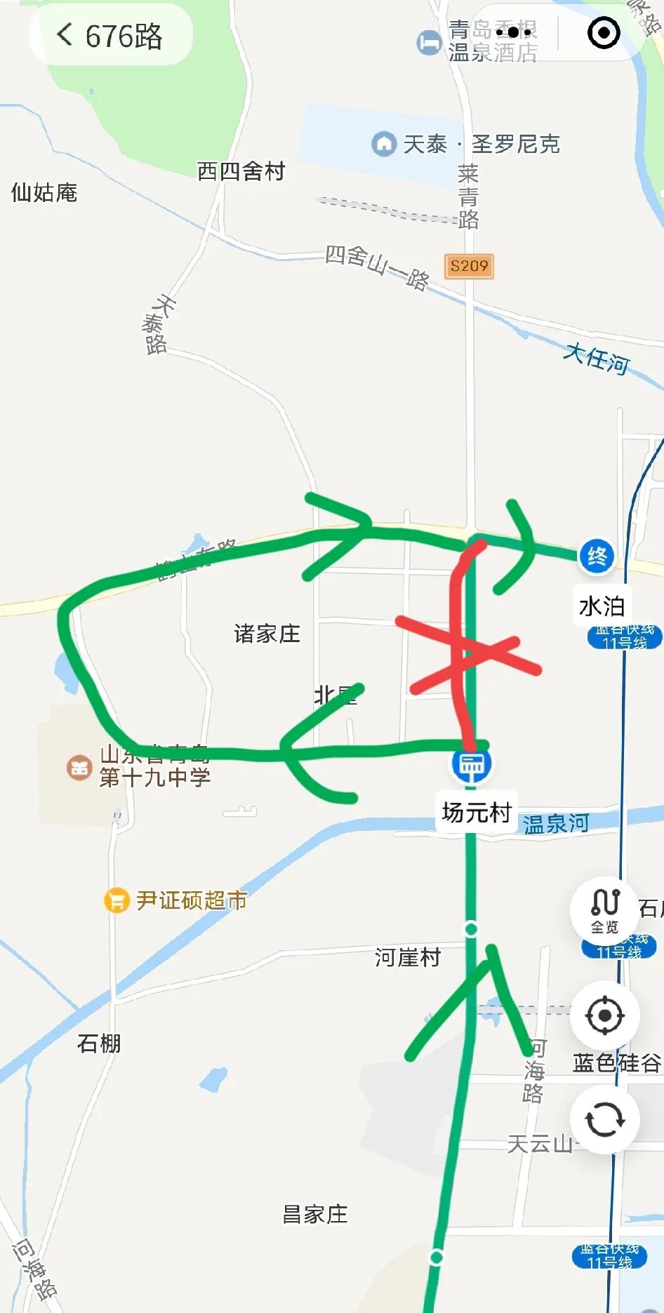 因即墨区鳌山卫街道场元村级路道路封闭施工结束，具备公交车辆安全通行条件，自202