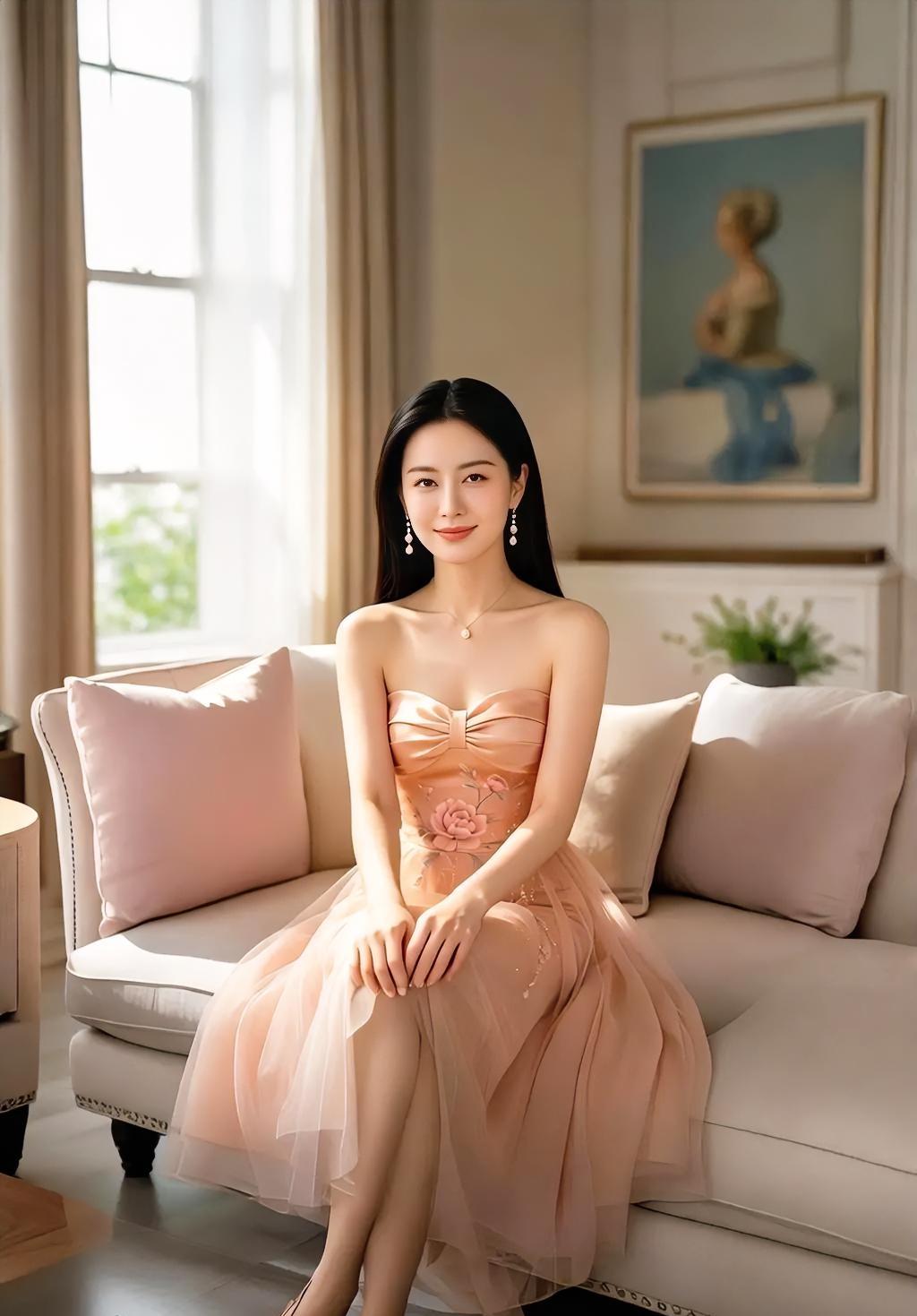 纱裙沾着暖阳，

粉橘色轻轻漾。

窗棂漏下光斑，

落在沙发和肩上。

画里静
