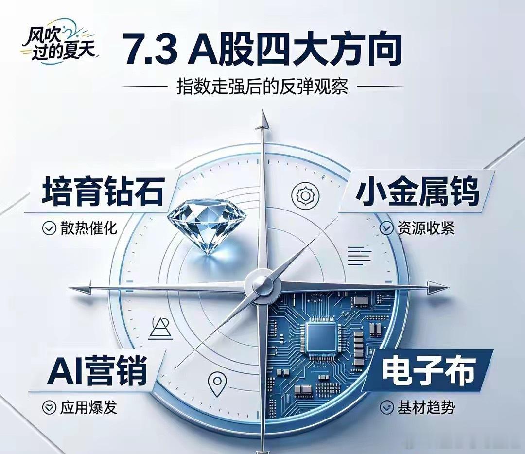 明天（7.3）A股可能上涨的四大板块：一、培育钻石。二、小金属钨7月2日盘面分化