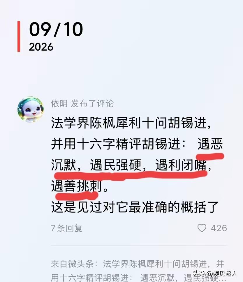 陈枫对老胡的十六字评价，这两天真是刷屏了。

“遇恶沉默，遇民强硬，遇利闭嘴，遇