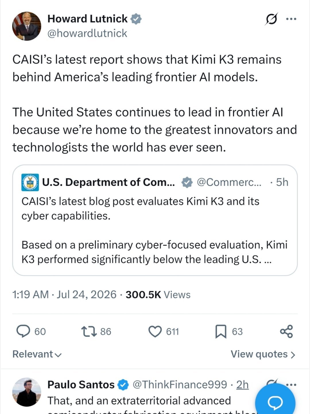 梁文锋称华为芯片一年内平替英伟达¹ 美国商务部长卢特尼克转商务部帖子，说大家不要