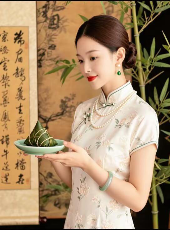 东方韵味    端午如期。竹影婆娑  墨字满卷  素旗袍托一枚青粽   岁岁端午