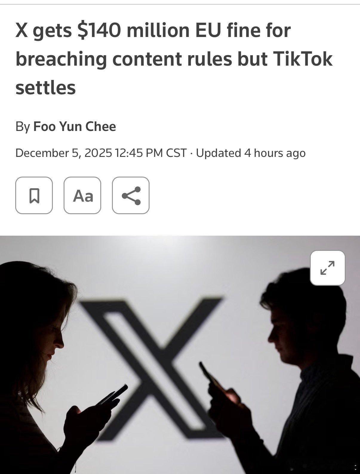 🔻补充一下背景，欧盟科技监管机构周五对马斯克的X公司处以1.2亿欧元（1.4亿