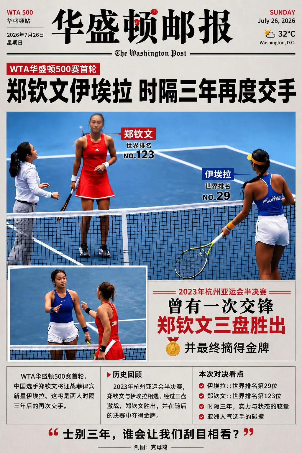 WTA华盛顿500赛女单签表出炉，郑钦文首轮遭遇近来红得发紫的伊埃拉，菲律宾一姐