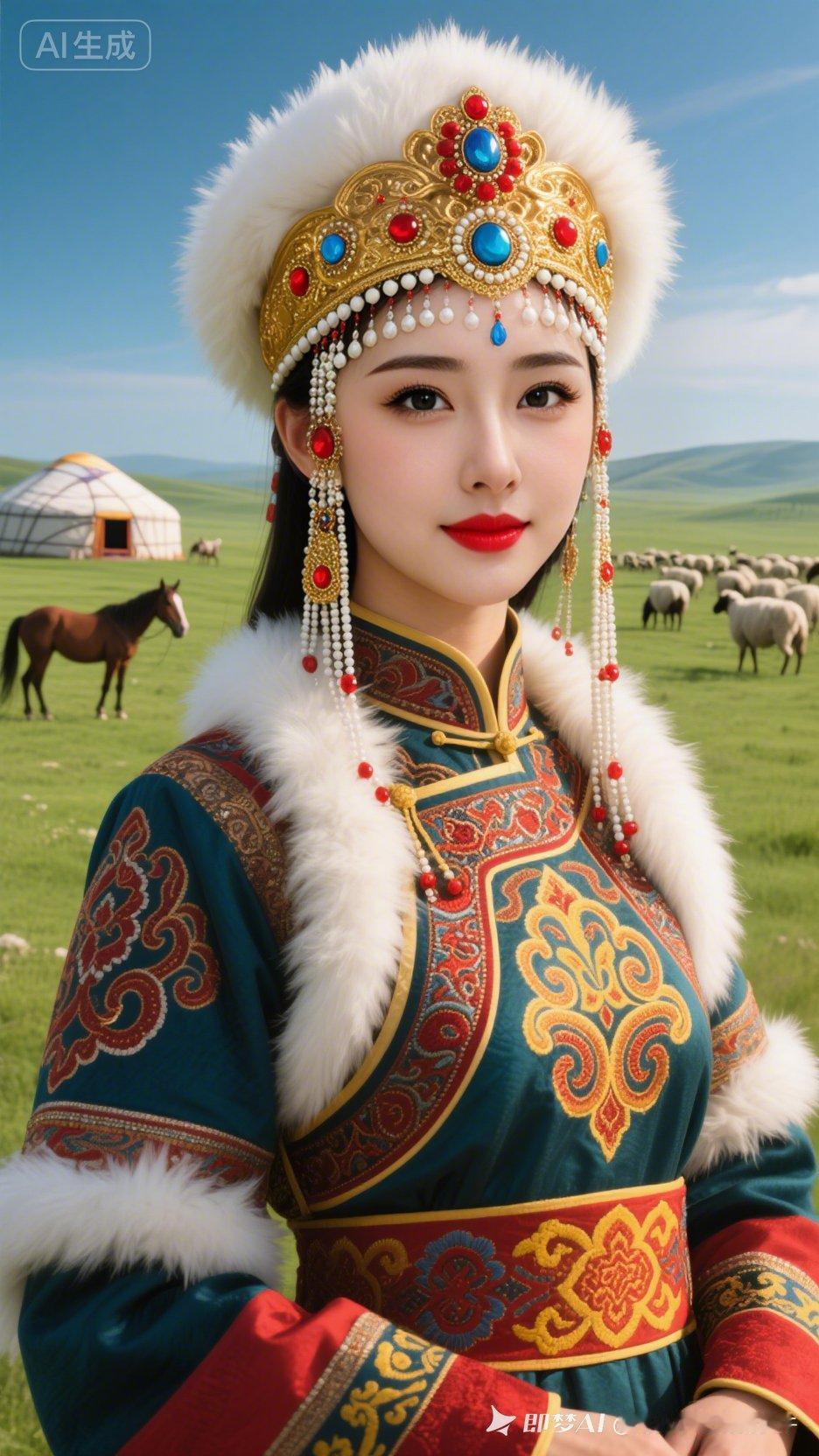 草原上的美丽公主，红唇与金饰相映成辉，尽显民族风情！🌾👑💄