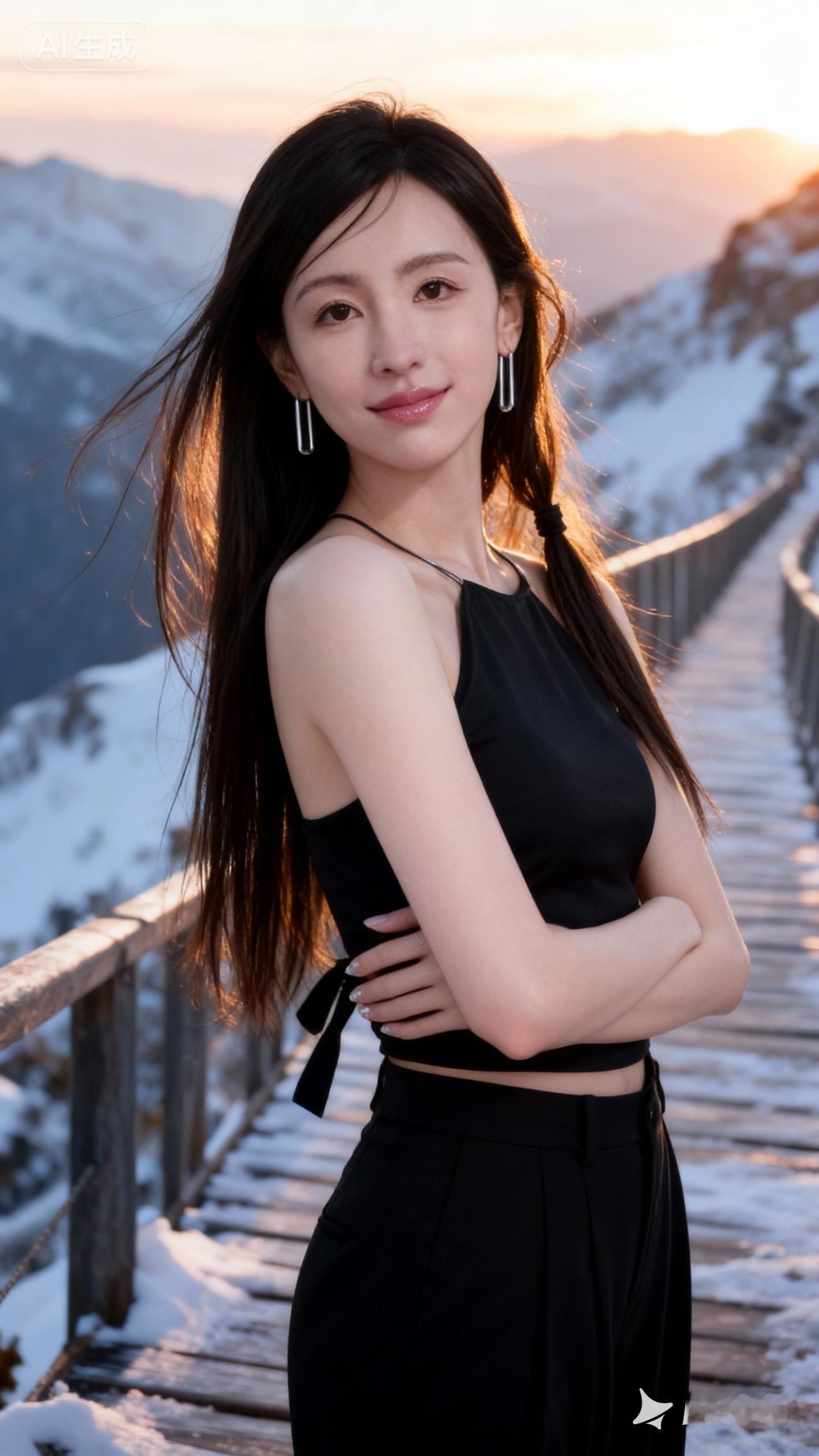 冬日暖阳下的雪景漫步，黑衣少女与自然融为一体。