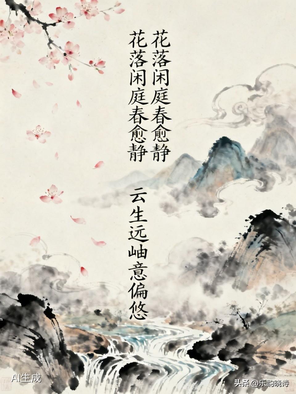 云生远岫意偏悠。看到“花落闲庭春愈静”对“云生远岫意偏悠”，这对联对得妙啊！“花