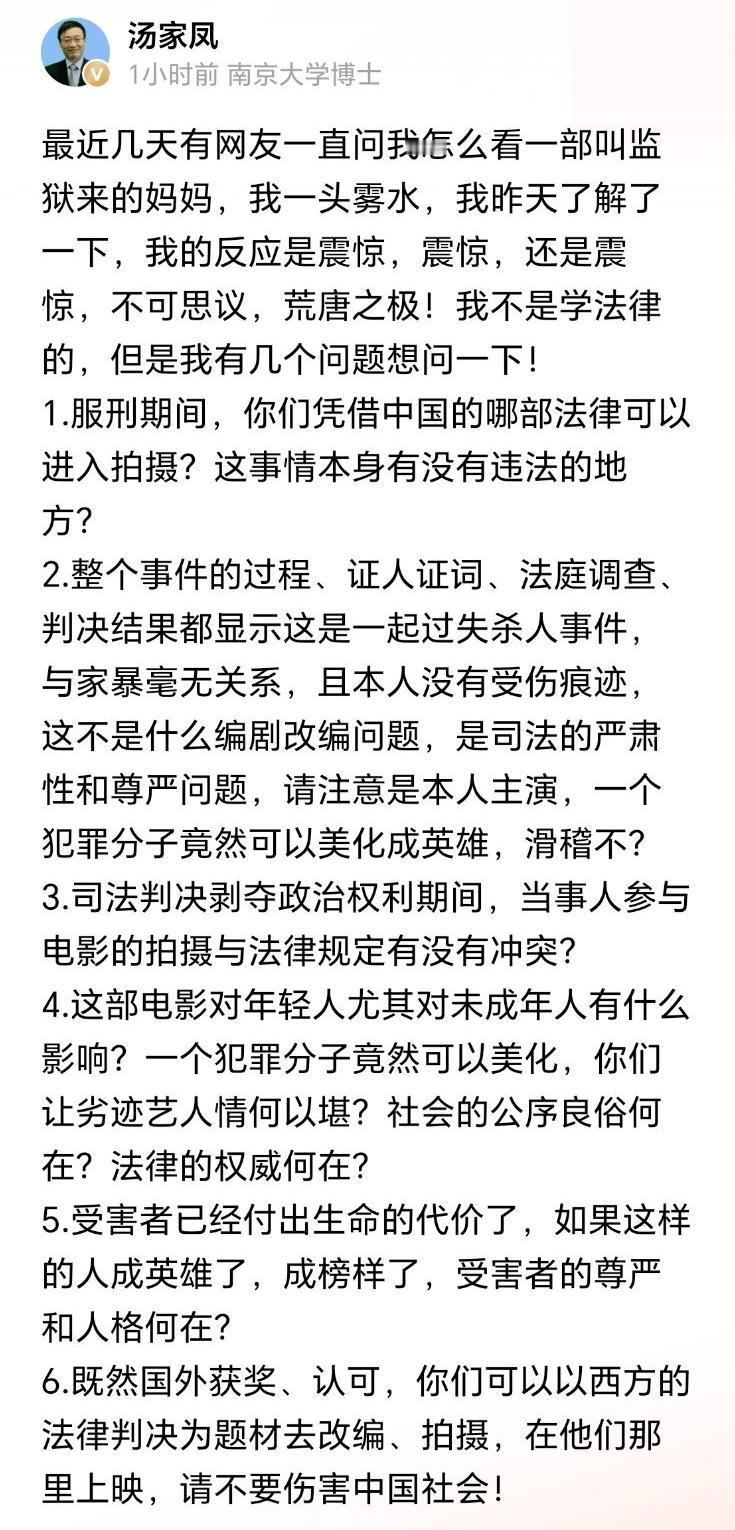 南京大学博士汤家凤：“既然国外获奖、认可，你们可以以西方的法律判决为题材去改编、