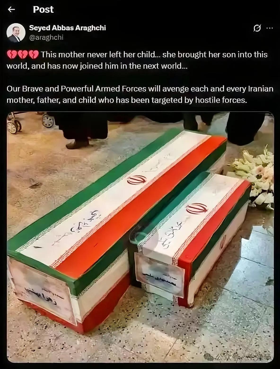 伊朗外长阿拉格齐发了一条推文，配图是一大一小两口棺木，伊朗外长这张母子同棺的图，