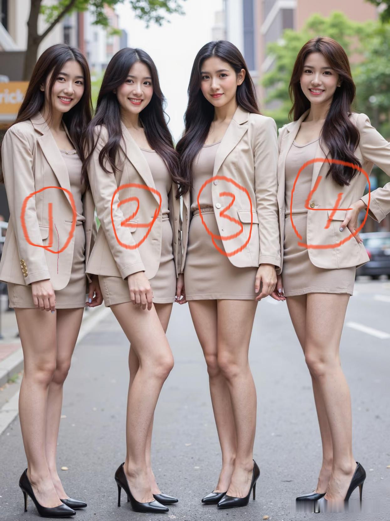 一眼沦陷！4套同色系职场穿搭，哪款戳中你？高清美女  
同样的裸色西装套装，不同