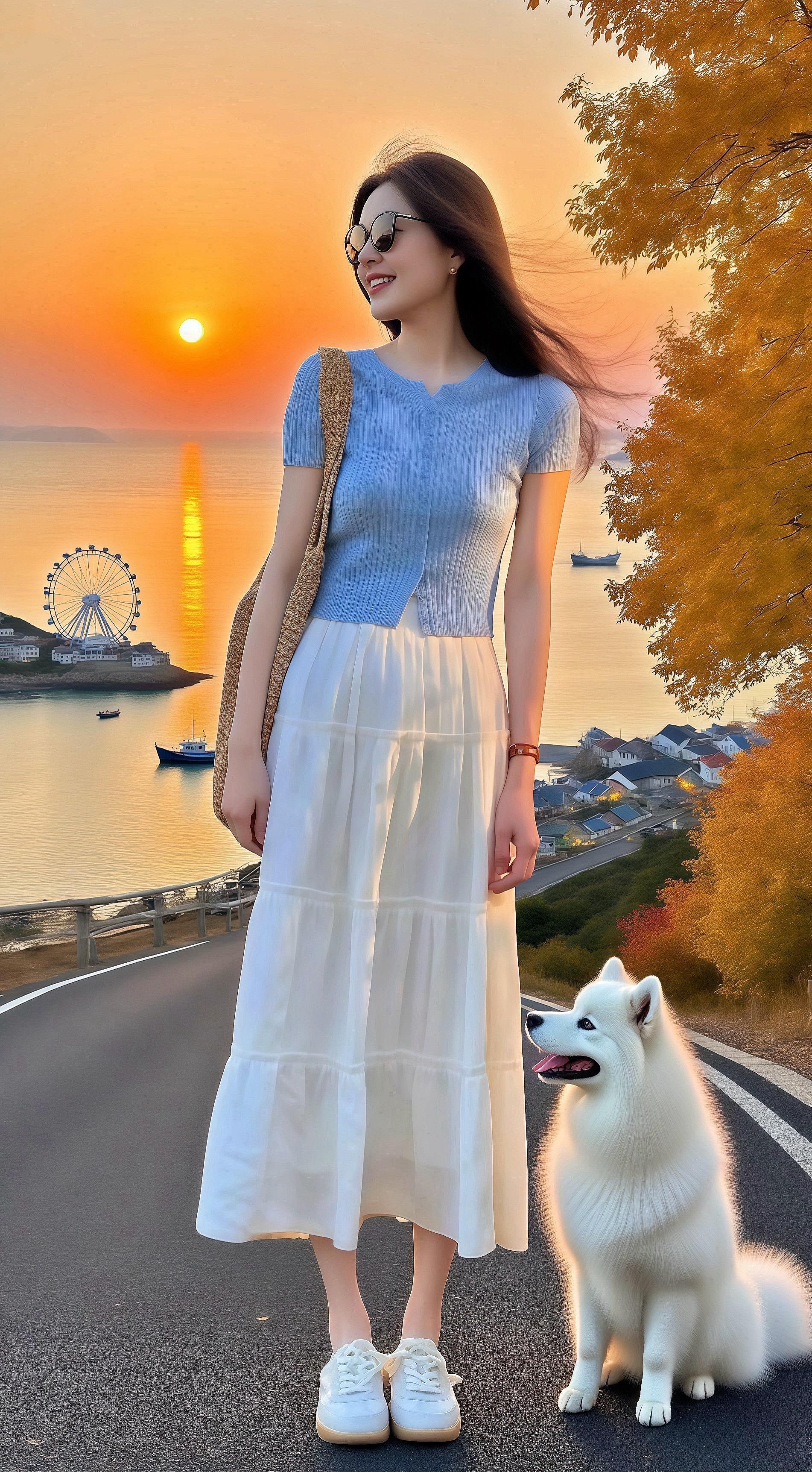 修身冰丝针织上衣。夕阳把海面镀成金箔时，林溪牵着萨摩耶“云朵”停在沿海...