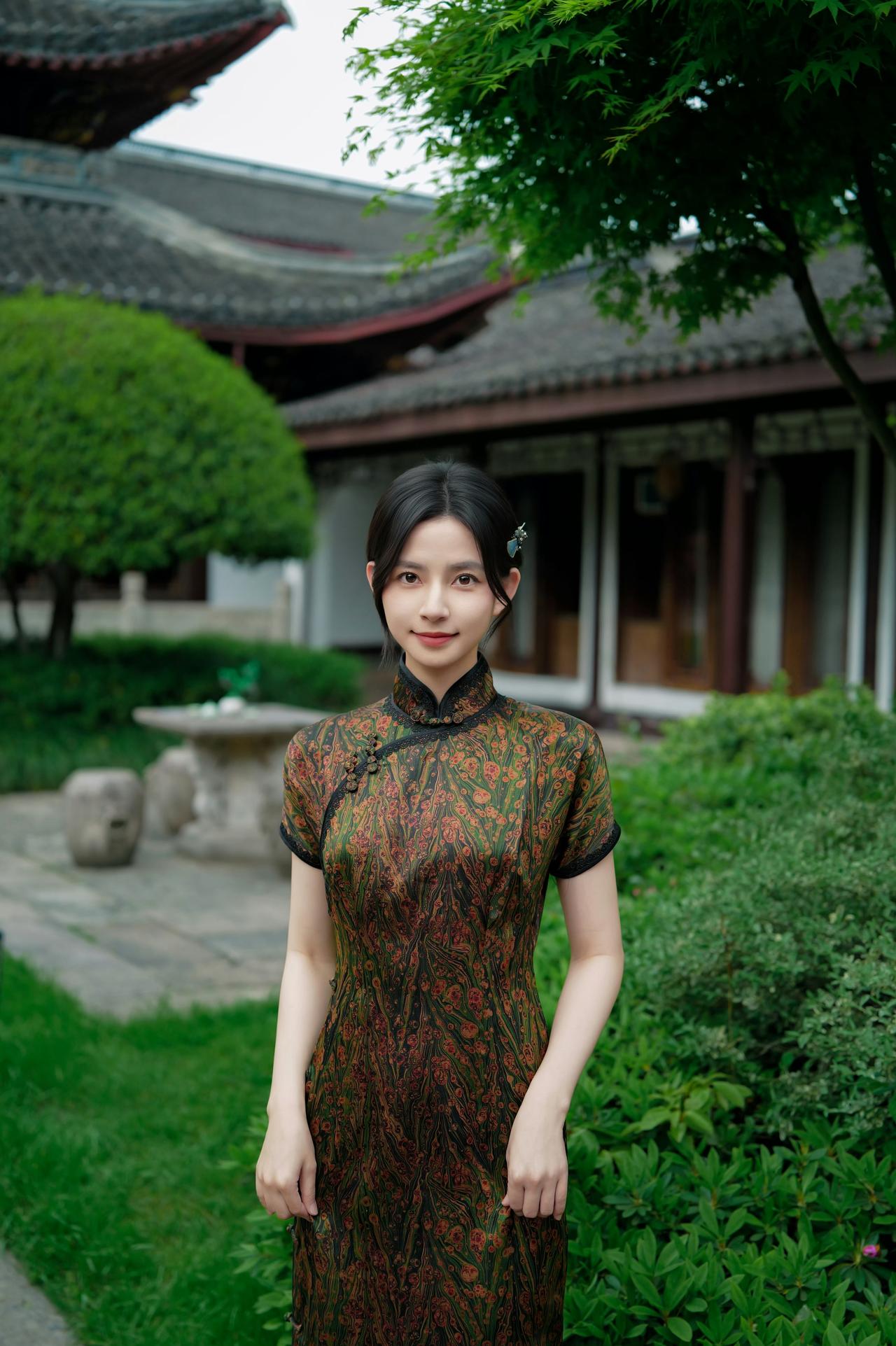 一袭香云纱旗袍，缓步踏入江南旧梦。

亭台水榭，廊下荷风，时光在衣料的纹路里静静