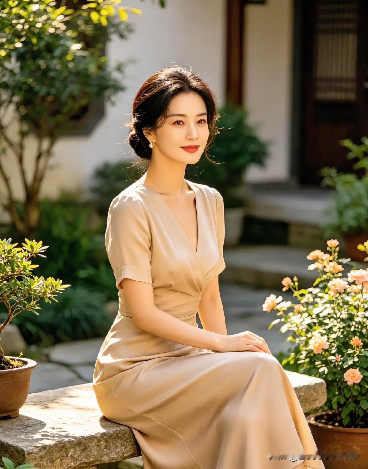 暖阳轻吻素裙，庭院深深藏雅韵。她静坐石凳，笑意温婉如蔷薇初绽，一袭米色流转东方诗