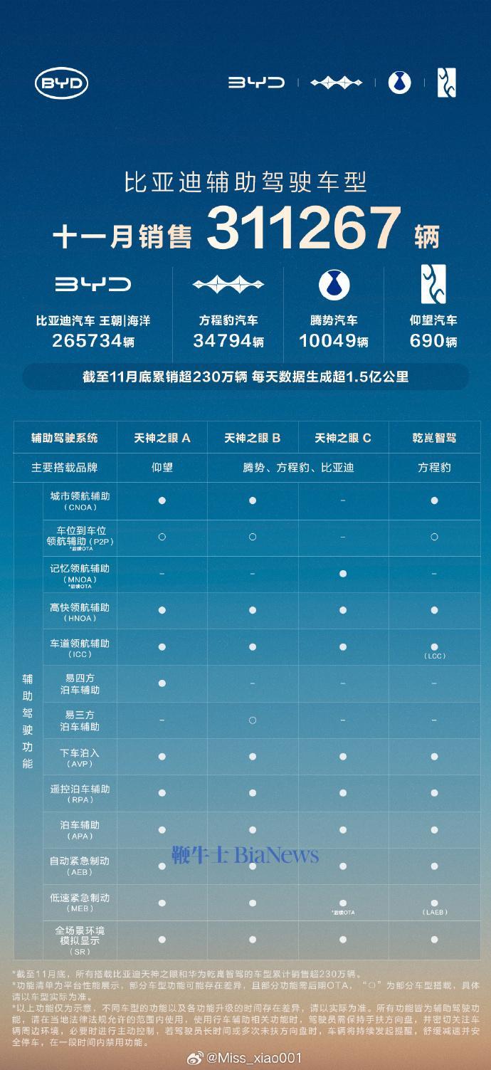 11月比亚迪辅助驾驶车型销售311267辆