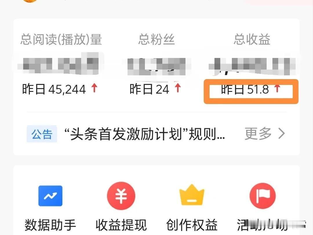 昨天在头条的收益出来了：4.5万阅读，51.8元，粉丝涨了24。
 
钱不多，但