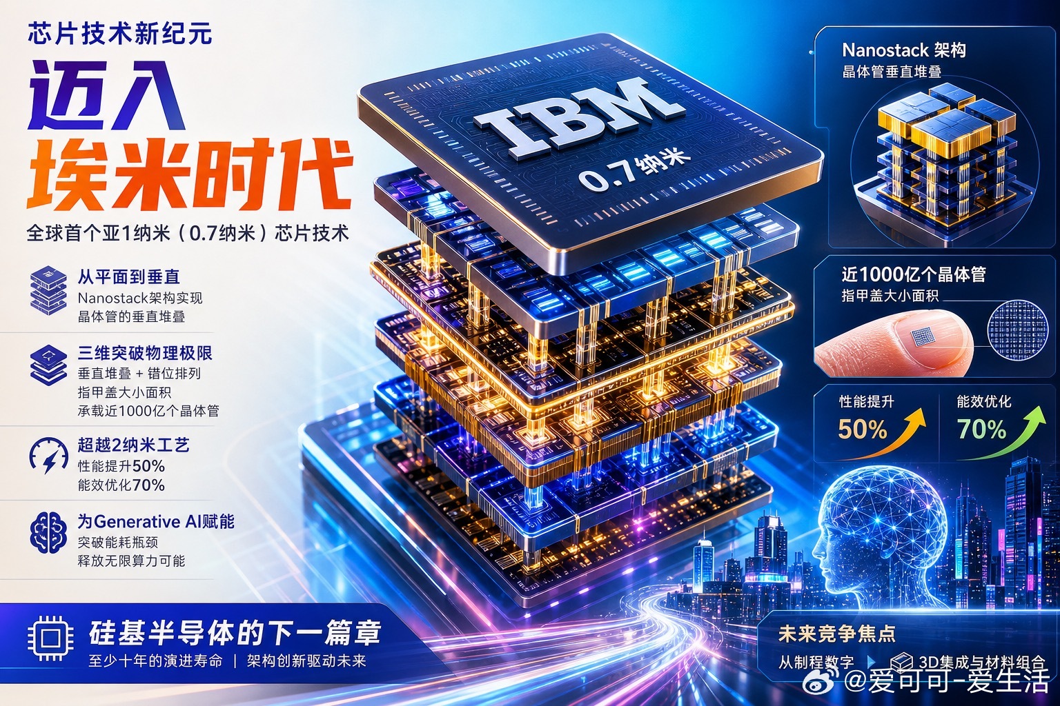 【芯片进入原子尺度，IBM用3D堆叠续写摩尔定律】IBM发布了全球首个亚1纳米（