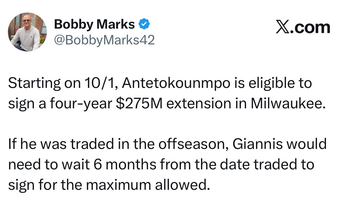 到时候是要钱还是先撤？ 10月1日起，字母哥将有资格在雄鹿签下一份四年2.75亿