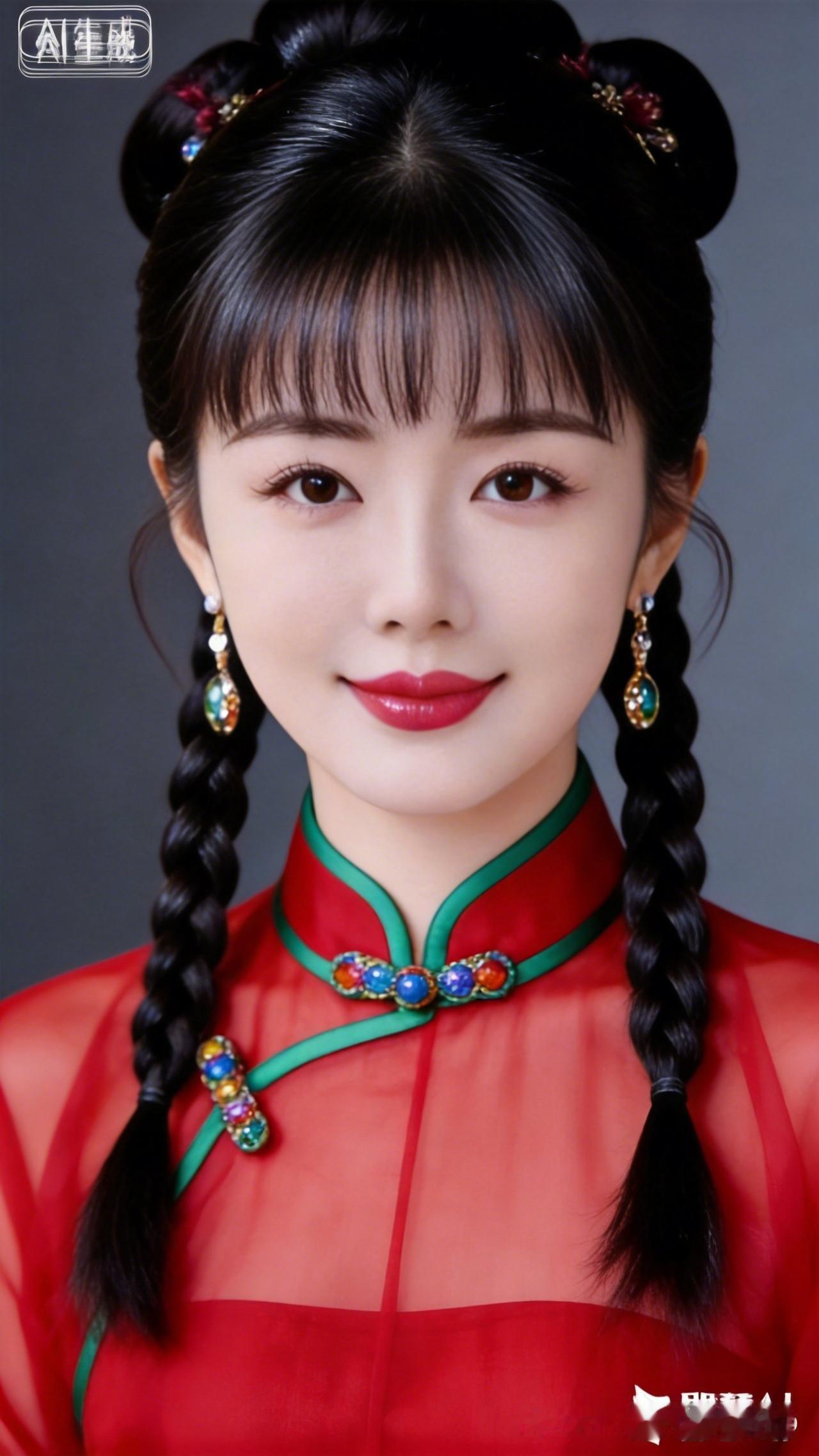 惊艳的古典美人，红衣绿领，双辫飘逸，尽显东方韵味！