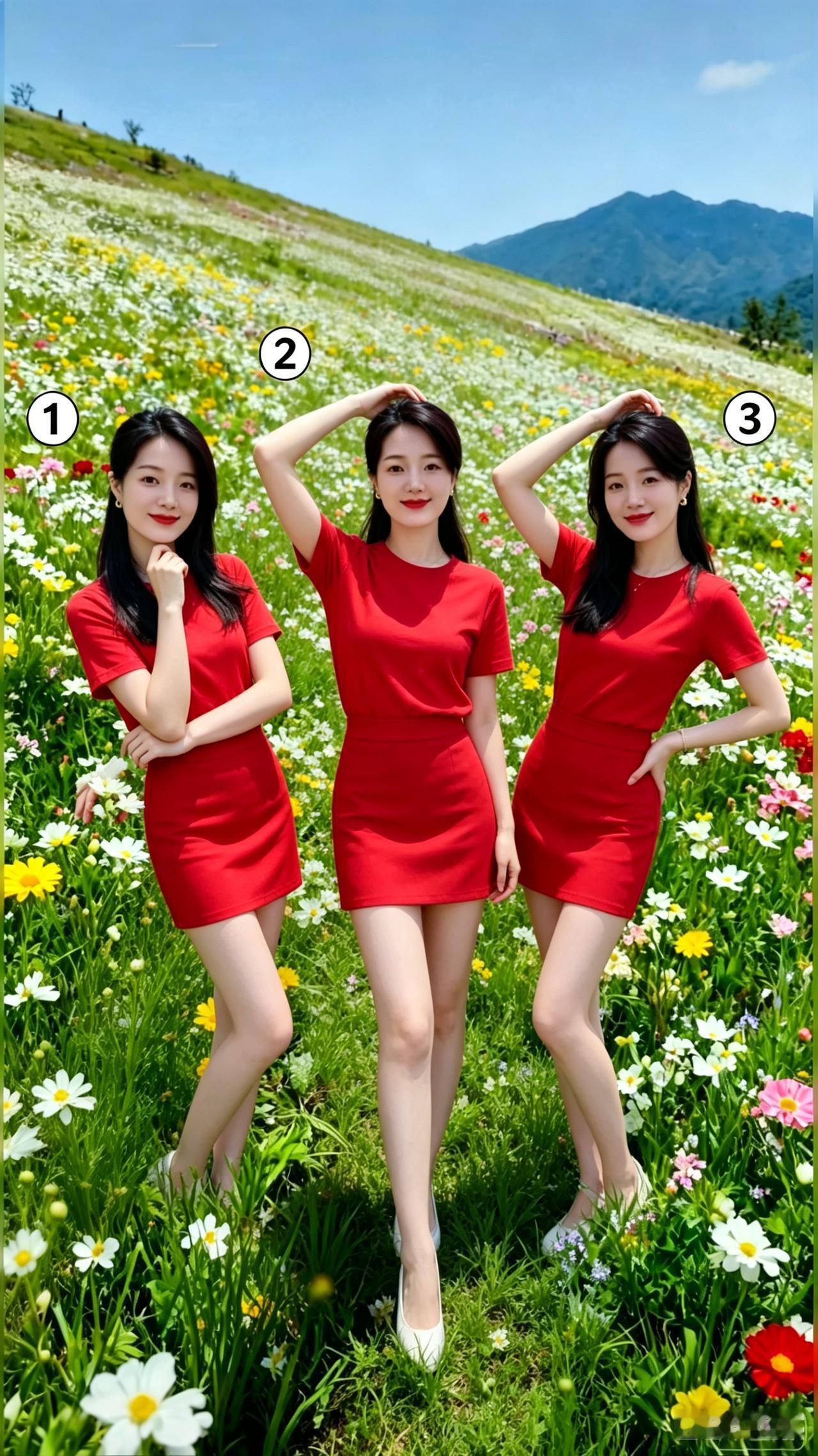 《三美戏花姿》
三姝娇立艳花间，各展风姿笑貌妍。
抬手轻理云鬟乱，叉腰稳站气昂然
