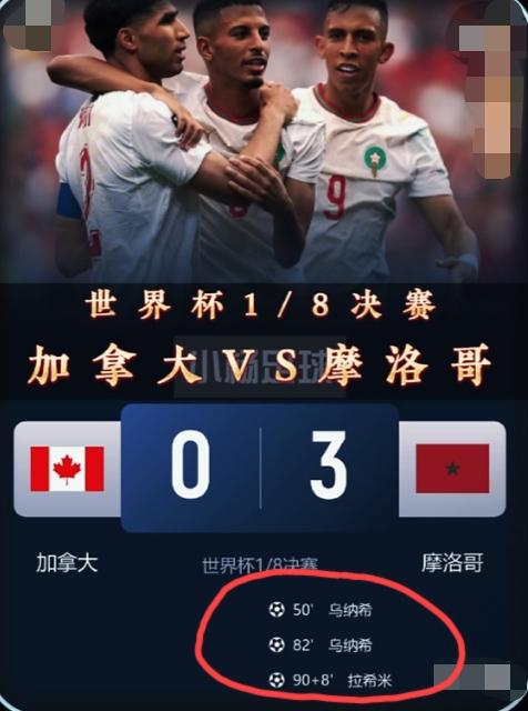 摩洛哥3:0加拿大，率先挺进世界杯8强。
主场作战的加拿大下半场直接给干懵了，补