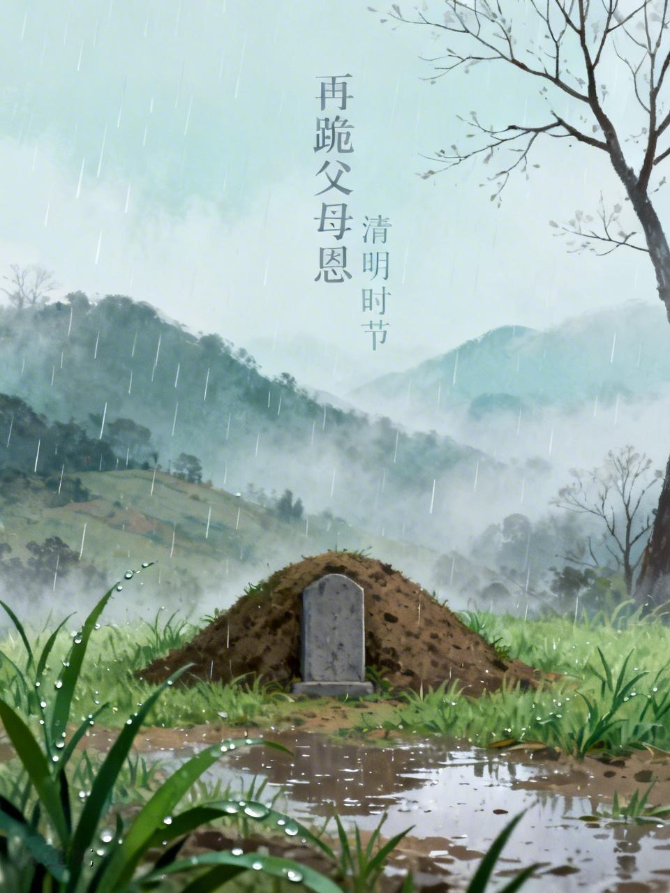 年少未晓天地恩，
身为人父更念亲。
清明坟冢添新土，
耳畔难寻唤儿音。
泪若飞花