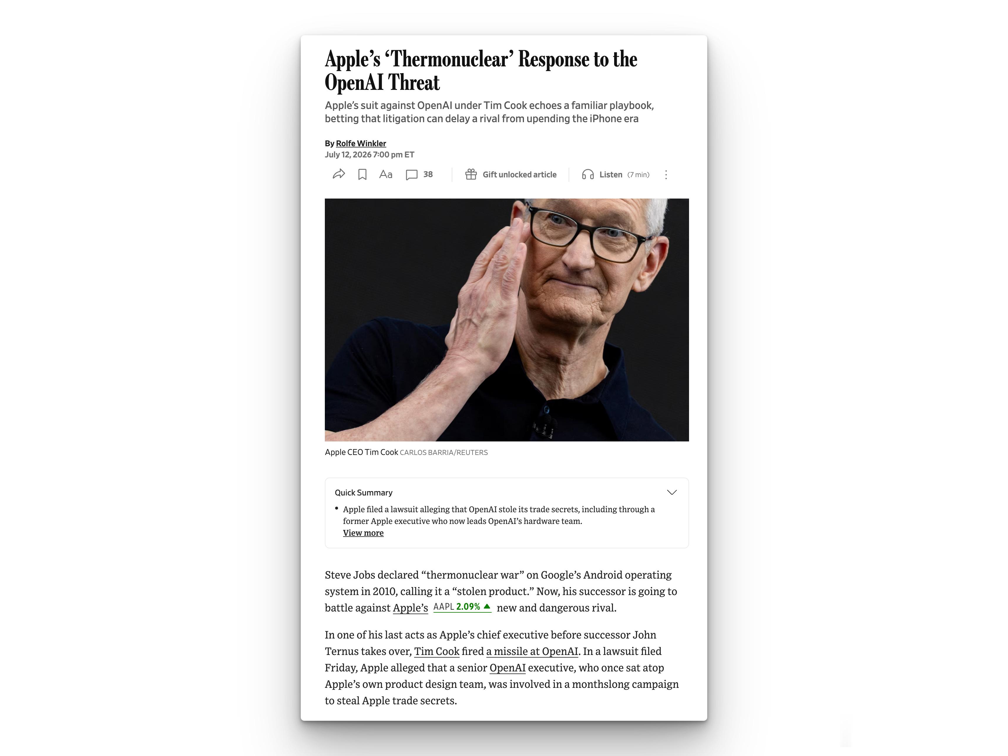 苹果起诉OpenAI，被认为是对 AI 硬件竞争的反击，试图拖慢对手进度。苹果日