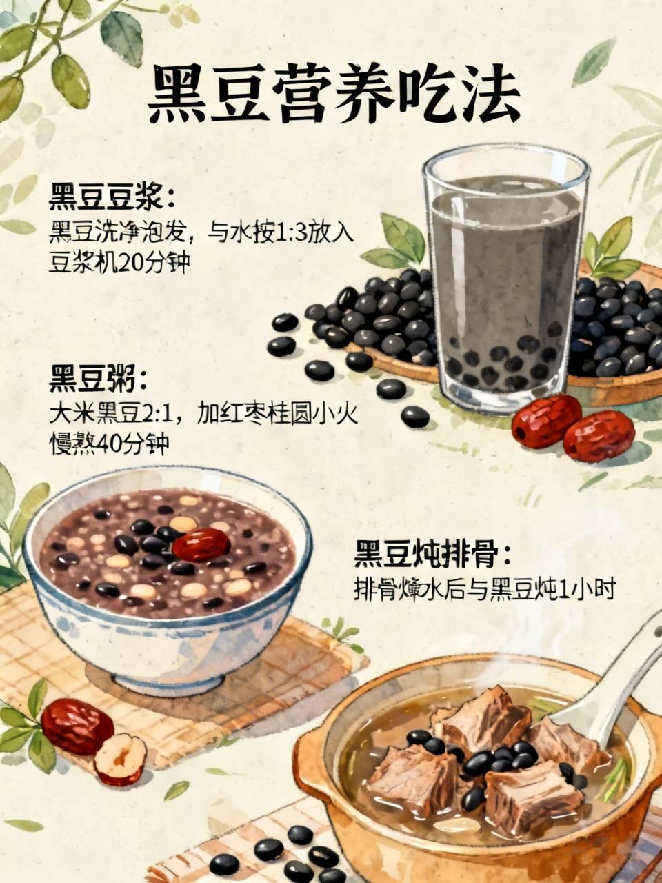 黑豆吃法多样，营养又美味。我超爱黑豆豆浆，把黑豆洗净泡发，和水按1:3的比例放进