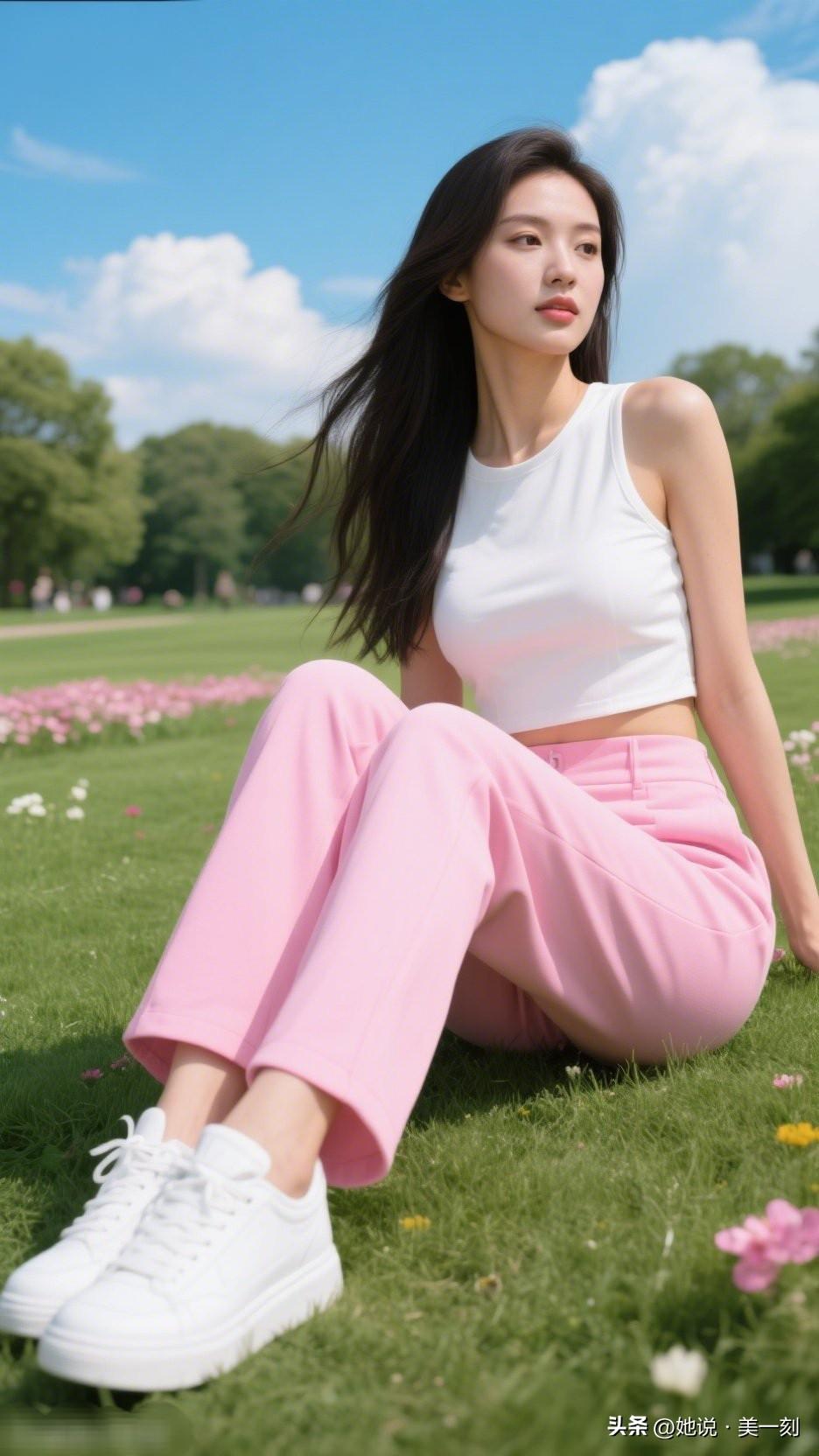 阳光下的少女，粉裙白衣，静坐花海间，享受美好时光。晒晒少女靓影
