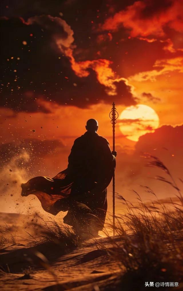 七绝·孤僧行
  残阳如血染荒丘，
孤杖芒鞋踏晚秋。
万里尘沙吹不尽，
普渡慈航