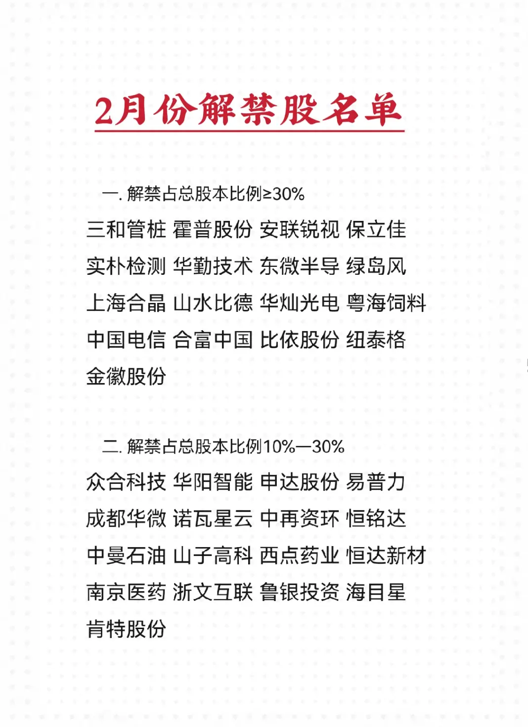 2月份限售股大比例解禁的股票名单