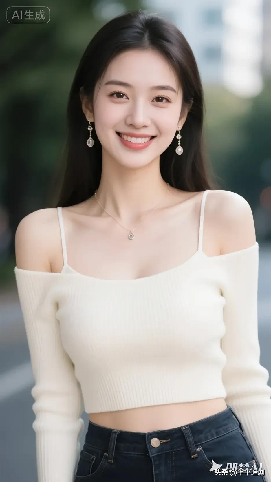 温柔的米白针织裹着松弛感，露肩设计藏着小性感，街头的风都成了温柔的背景，一笑就撞