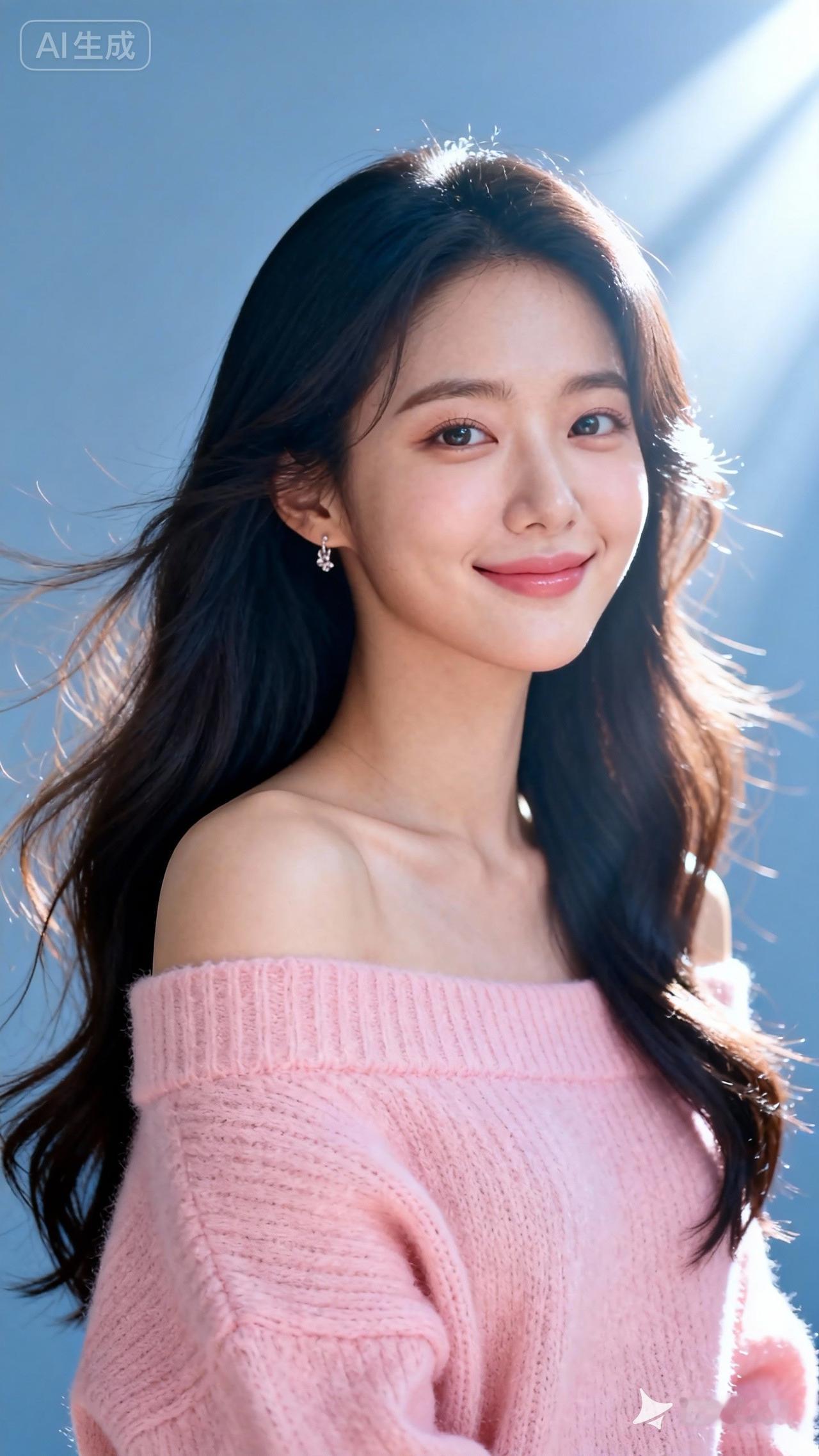 温柔甜美的粉色毛衣，搭配自然光下的迷人微笑，尽显冬日暖意。