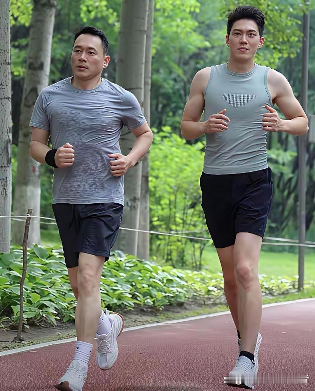丁海峰与儿子一起晨跑锻炼身体，简直不要不要的，他的儿子高大帅气，比起他的老爸更加