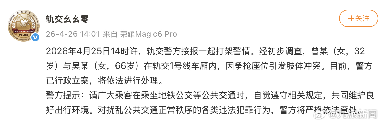 #2女子地铁因抢座冲突警方已立案#【#上海警方通报2女子因抢座冲突#】4月26日
