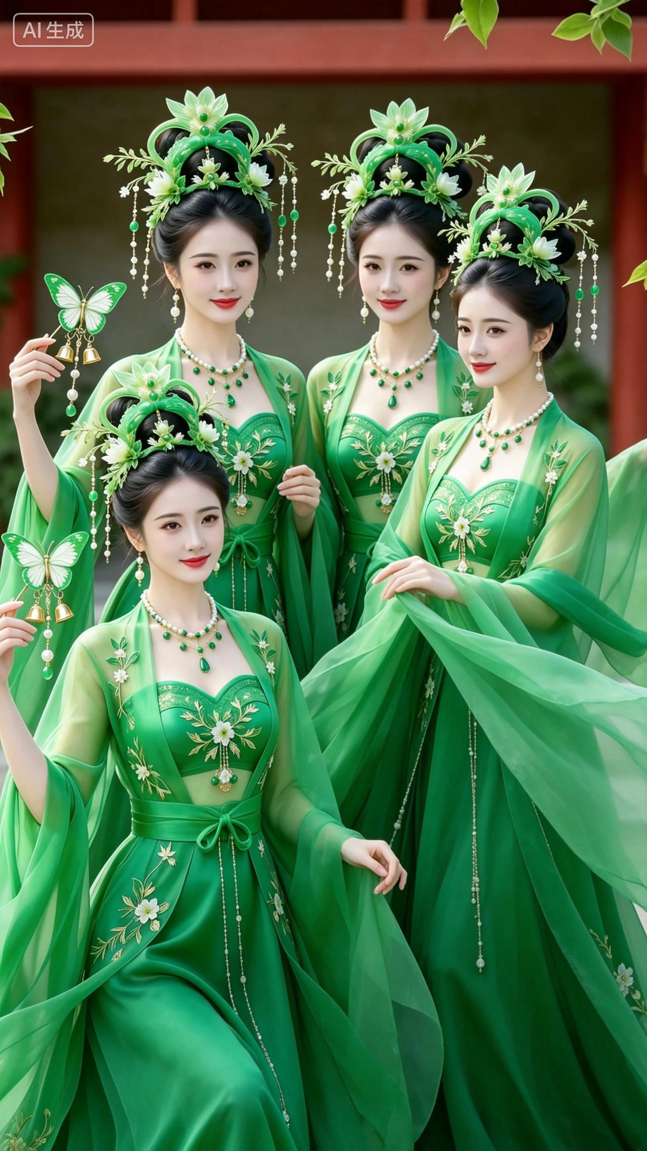 一袭翠绿如春芽
满头珠玉嵌白花
蝴蝶金铃摇又摇
 续一一一
欢迎大家于评论区续写