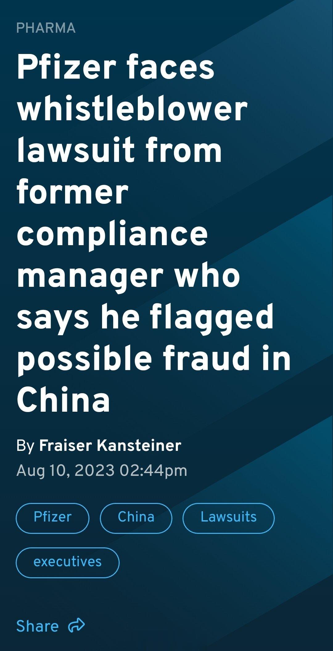 前辉瑞全球合规总监Frank Han被辞退，为了报复，向司法部实名举报当初辉瑞公