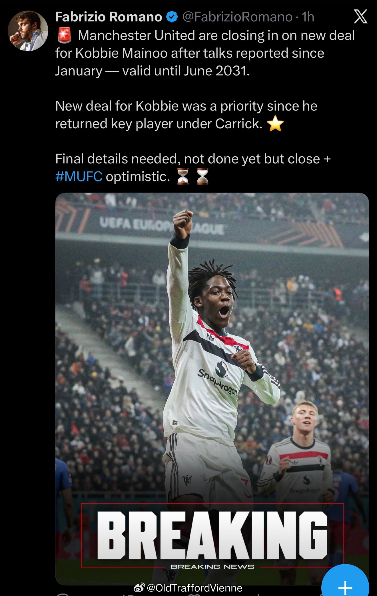 罗曼诺：曼联接近与梅努续约至2031年谈判1月份开始的，阿莫林走后。 