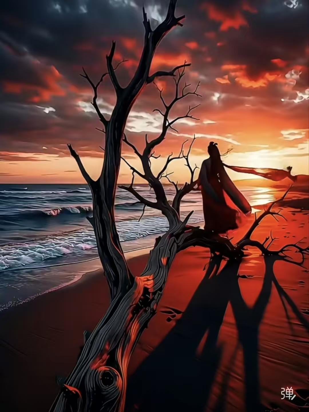 塞鸿秋·秋江独思 
枯枝傲骨对昏鸦，
碧海无涯沙似画。
烈焰烧红霞入袂，
孤形独