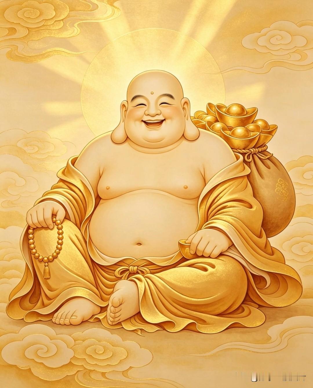 大肚能容天下事，
慈颜笑迎世间福。