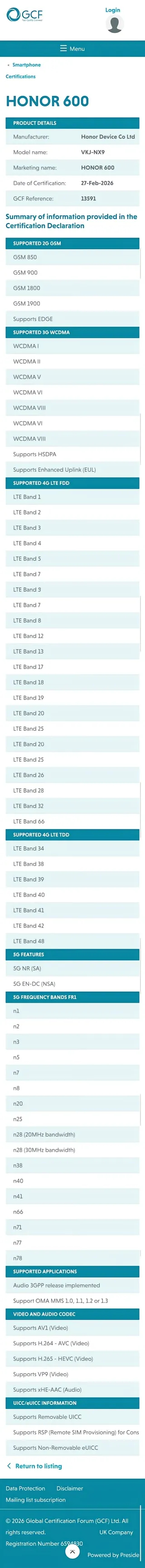 网上消息称，荣耀600系列已通过海外GCF认证，现身荣耀马来西亚官网，发布进入倒