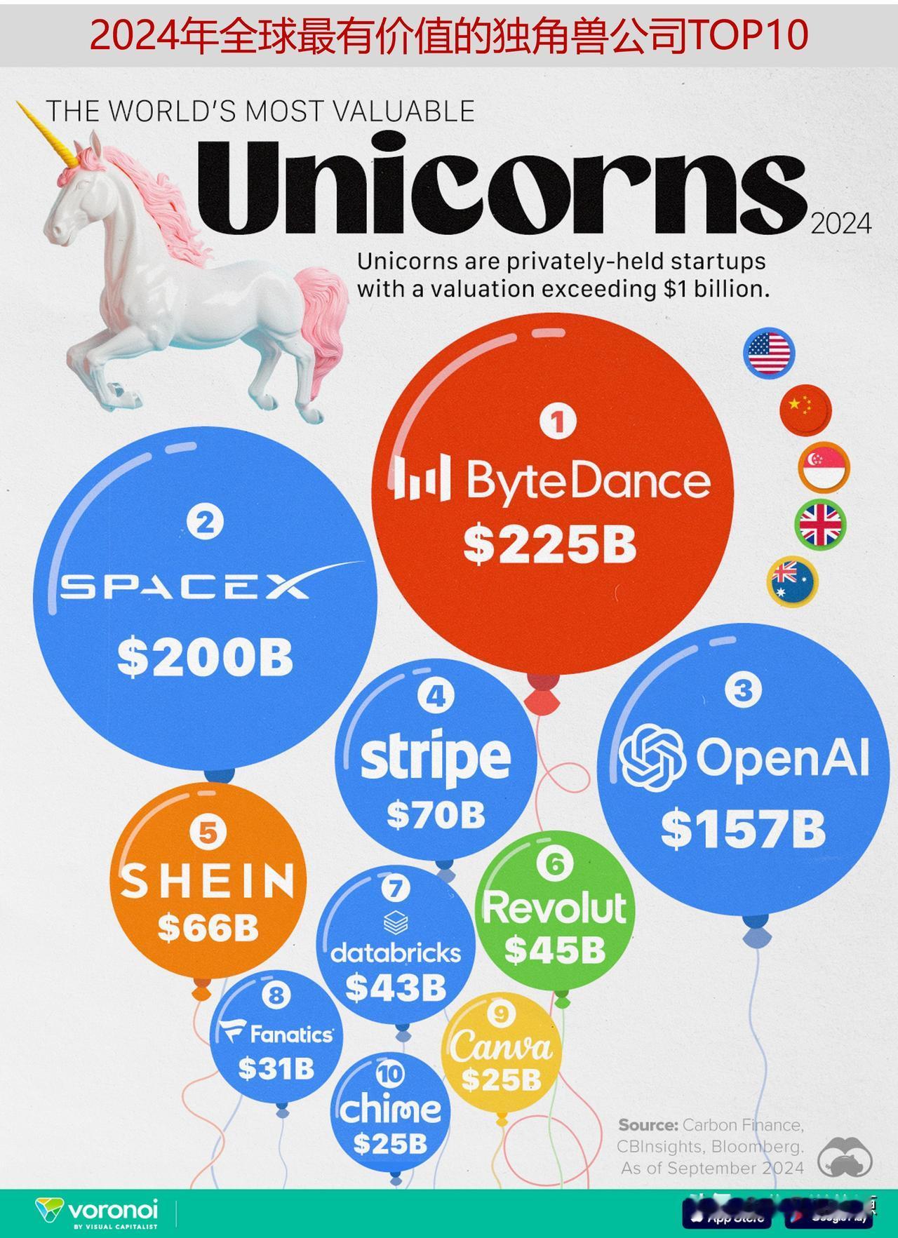 图说2024年全球最有价值的独角兽公司TOP10，TikTok开发商是最有价值的