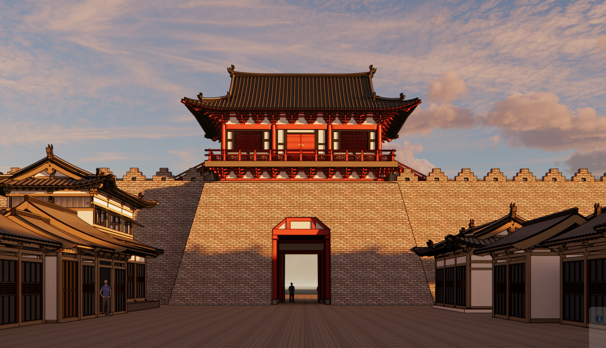 南宋晚期钱塘门周边及建筑形式，参考了南宋钱塘门门道遗址、南宋临安城墙考古、南宋晚