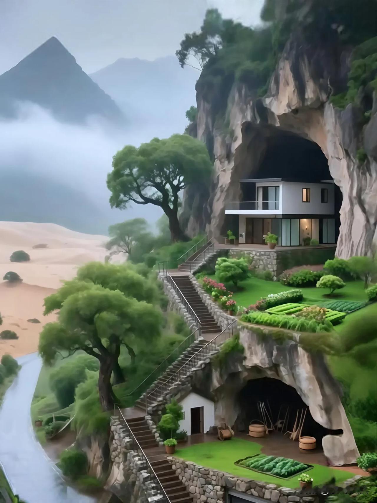 居住在山洞里的一户人家，一家人在一块山石上用手工啄了一个洞盖房，一共盖了2层楼居