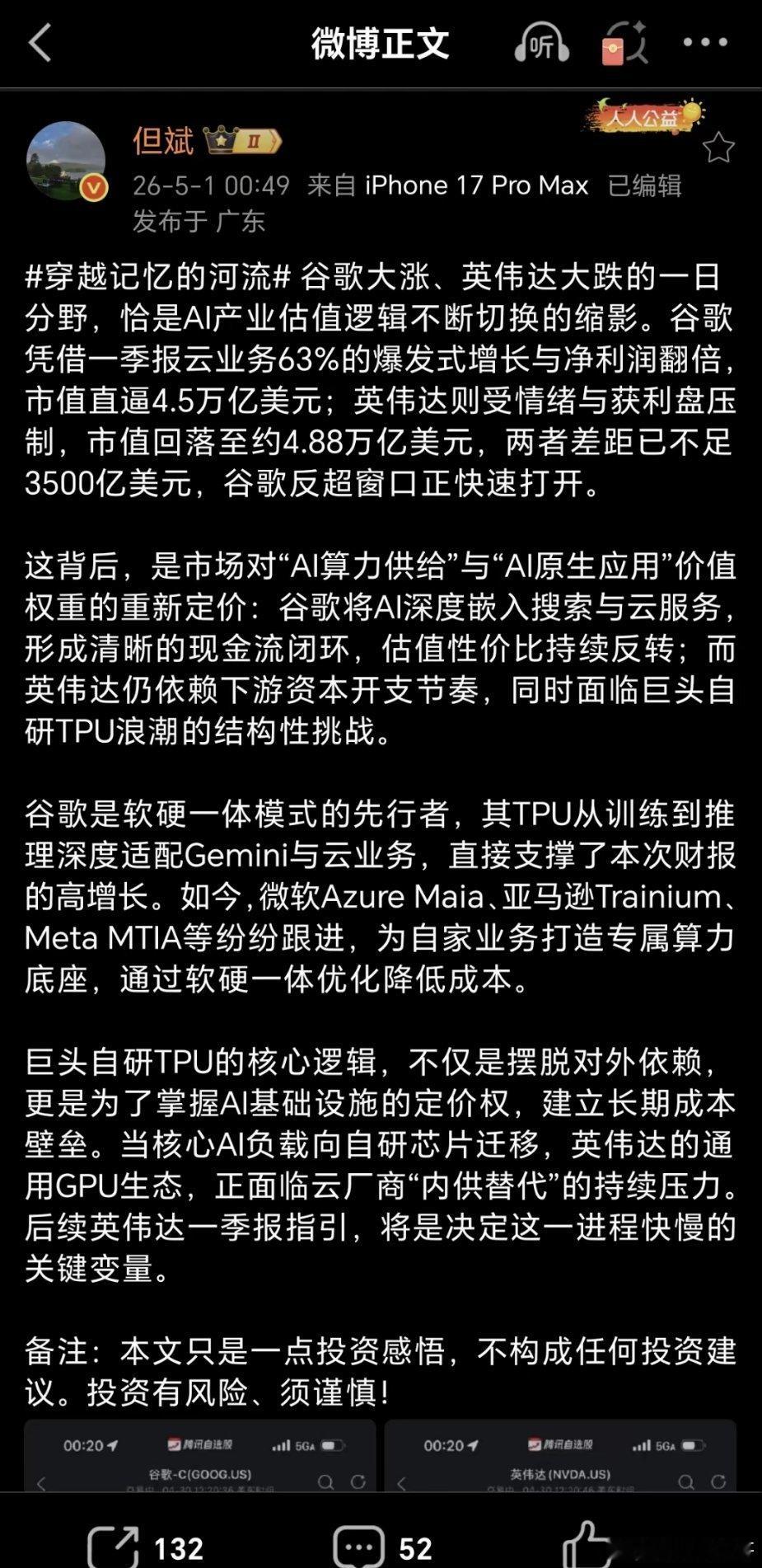 但斌说，谷歌大涨！英伟达大跌！两者的市值差了不到3000亿美元了，谷歌超过英伟达