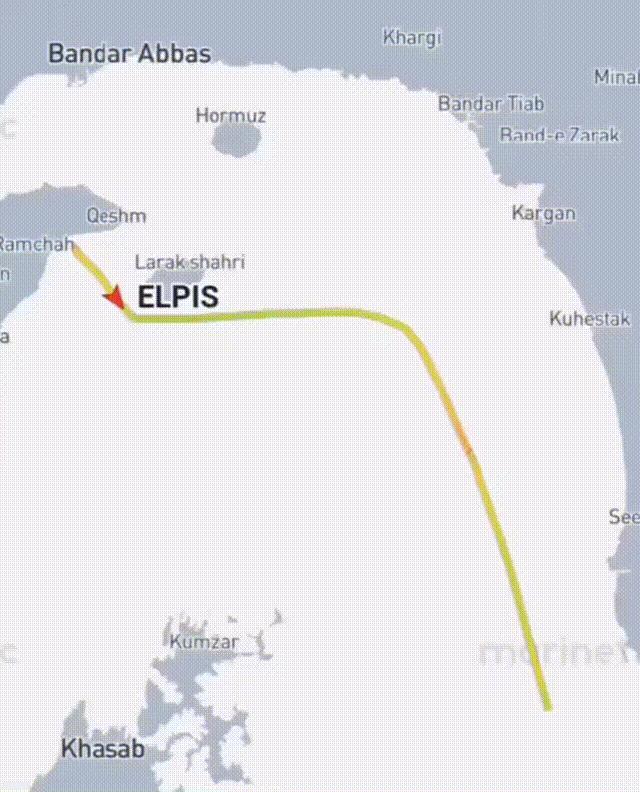有报道说，一艘中国籍油轮驶过霍尔木兹海峡了，这就是它驶出海峡的路线。这艘油轮在2