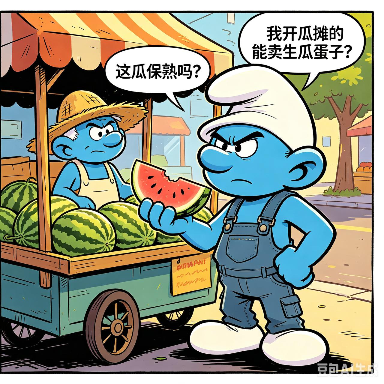 华强买瓜的视频我见的多了，就是没见过蓝精灵版的，目前这个赛道还是空白，鄙人先借助