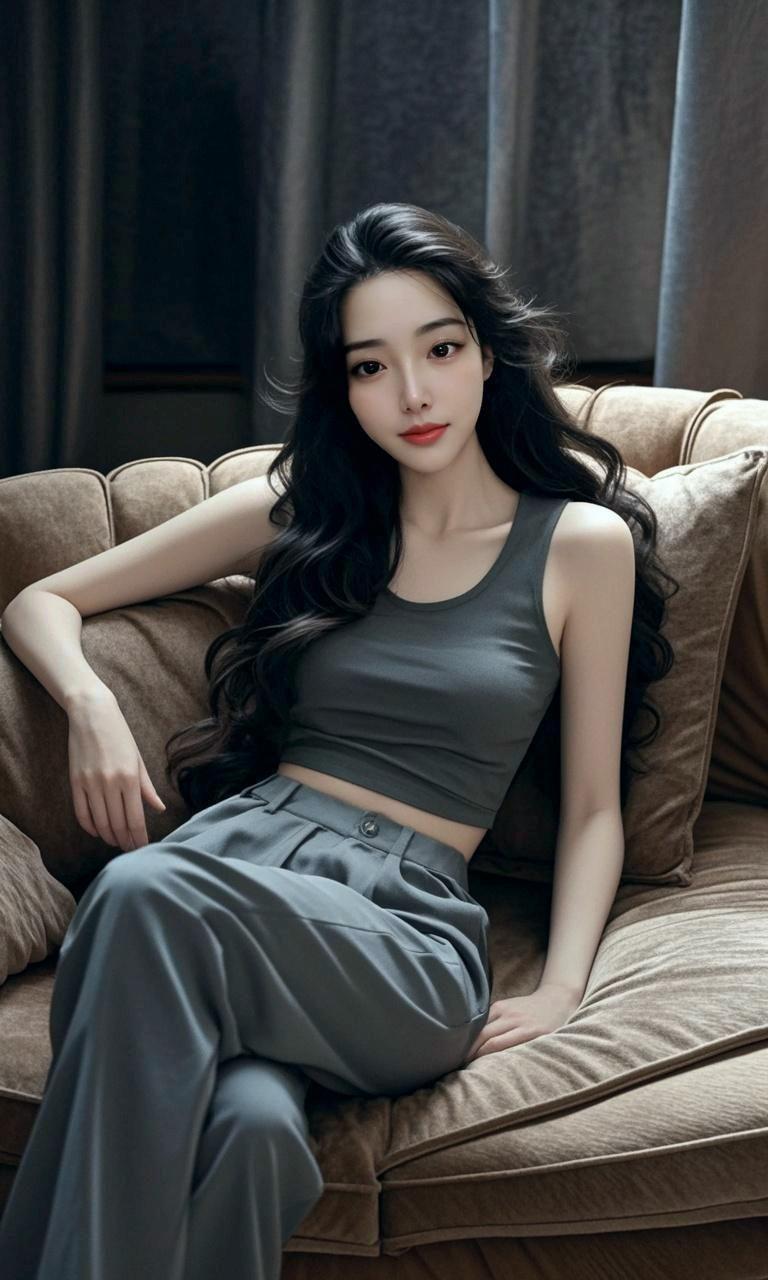 浅灰穿搭韵味长，发丝微卷带风扬。沙发一坐自成画，青春气息漫满房。 长发...