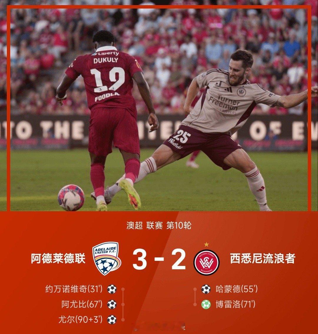 25/26赛季澳超联赛第10轮，阿德莱德联3-2战胜西悉尼流浪者。上半场，约万诺